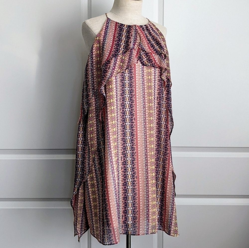 BCBGMaxAzria Dress Halter Neck Sleeveless Sheath Ruffled Navy Coral Pink M NWT
